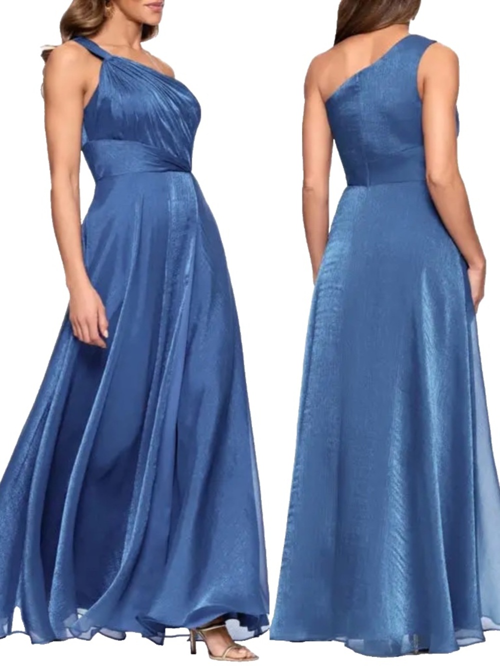 NEW XSCAPE EVENING Sapphire Blue ONE SHOULDER Organza METALLIC Pleated GOWN 14